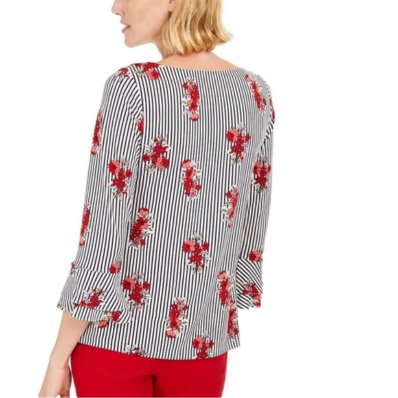 Charter Club Floral Striped Blouse with Red Floral Pattern And Bell Sleeves - Picture 2 of 11